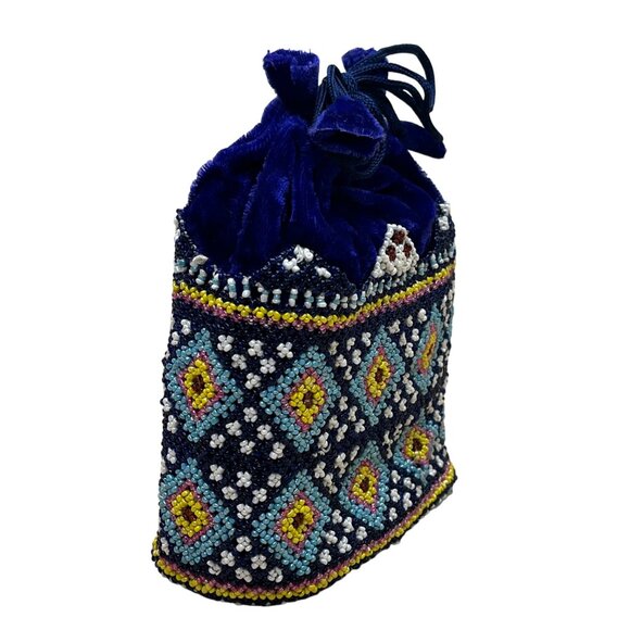 Beaded Velvet Drawstring Pouch Navy Ethnic Geometric Design Embellished Handbag - Picture 2 of 7